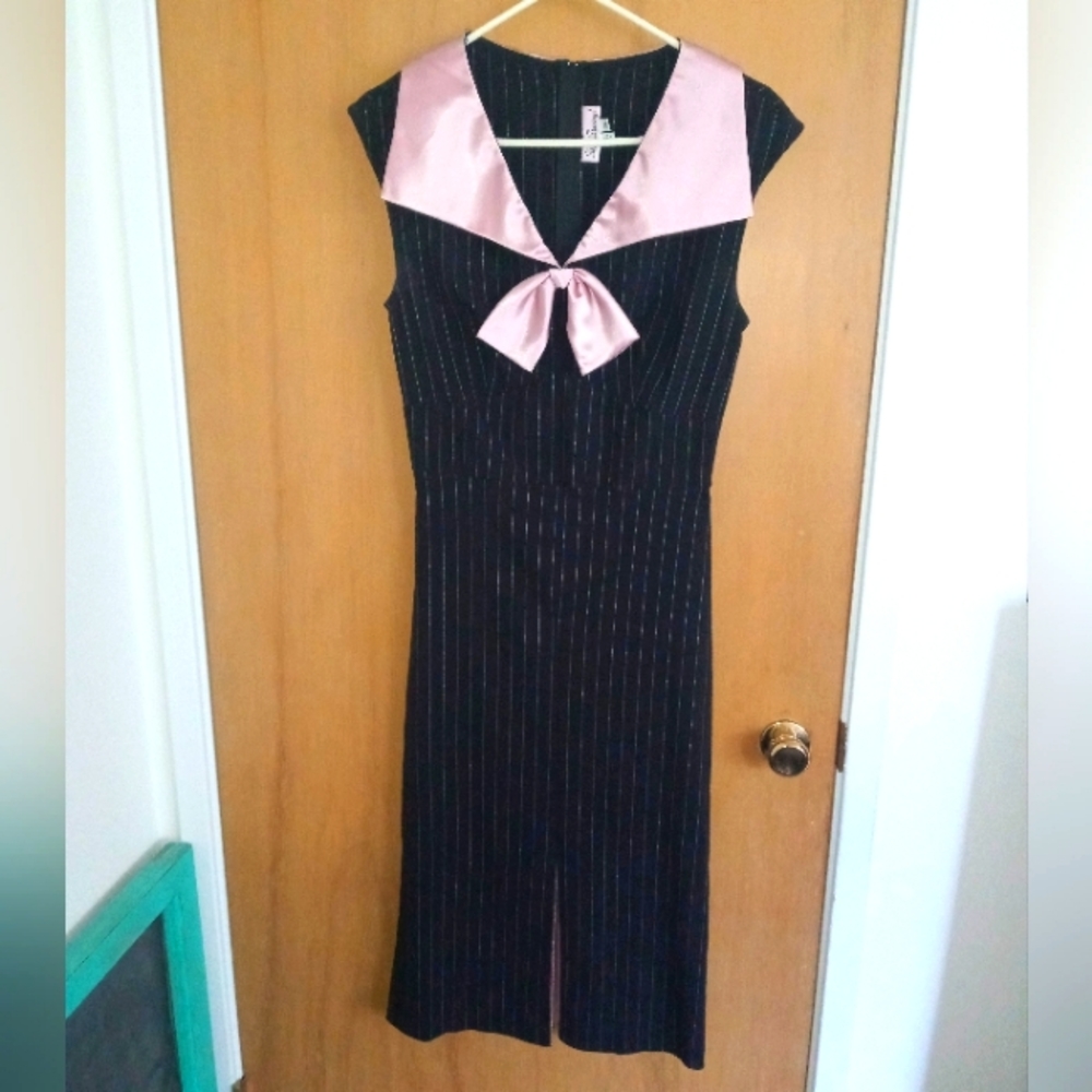 Stop Staring Black striped dress with pink collar